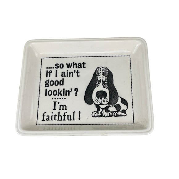 1970s Basset Hound Trinket Dish Humorous Quote & Cartoon Design White & Black - Picture 1 of 4